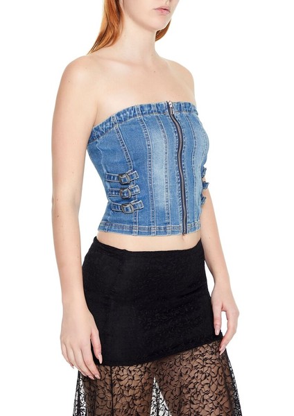 F21 Denim Fermuar Detalylı Straplez Büstiyer