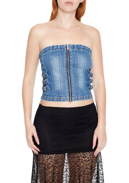 F21 Denim Fermuar Detalylı Straplez Büstiyer fiyatları