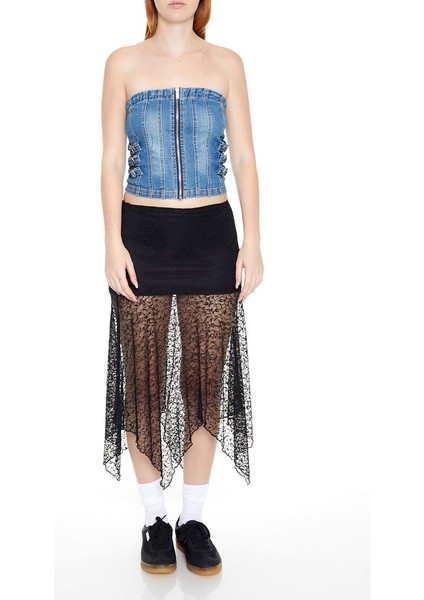 F21 Denim Fermuar Detalylı Straplez Büstiyer fırsatları