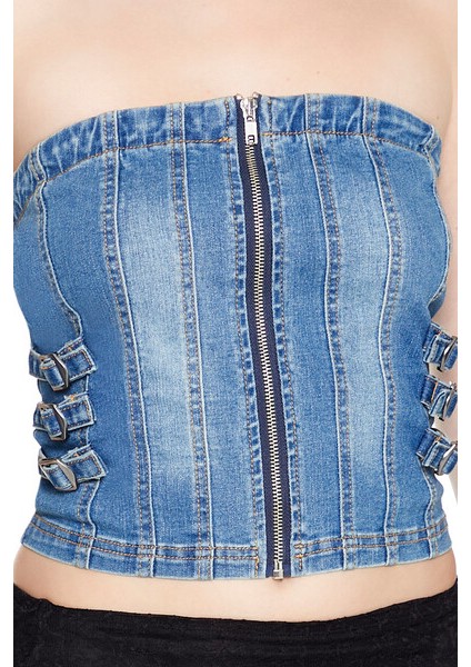 F21 Denim Fermuar Detalylı Straplez Büstiyer indirimleri