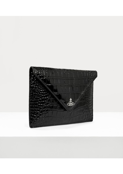 Crocodile Envelope Clutch Press-Stud Kapanma ve Orb Silueti Detaylı Dana Deri Çanta