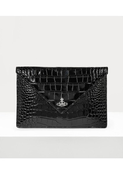 Crocodile Envelope Clutch Press-Stud Kapanma ve Orb Silueti Detaylı Dana Deri Çanta