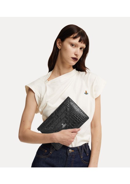 Crocodile Envelope Clutch Press-Stud Kapanma ve Orb Silueti Detaylı Dana Deri Çanta