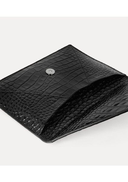 Crocodile Envelope Clutch Press-Stud Kapanma ve Orb Silueti Detaylı Dana Deri Çanta