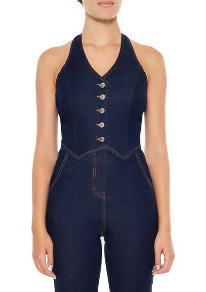 Denim Halter Yaka Tulum