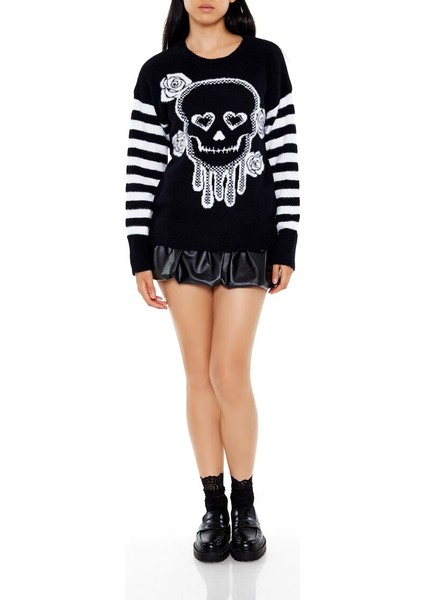 F21 Floral Skull Baskılı Kazak