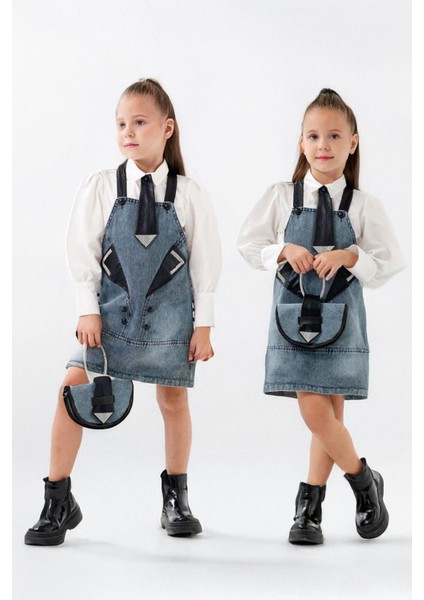 Kravat Çanta Aksesuarlı Kız Çocuk Kotlu jile takım - Mavi