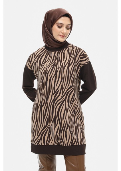 Kahverengi Çift Renkli Zebra Desen Tunik 251808505