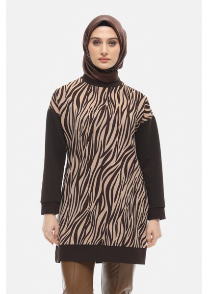 Kahverengi Çift Renkli Zebra Desen Tunik 251808505