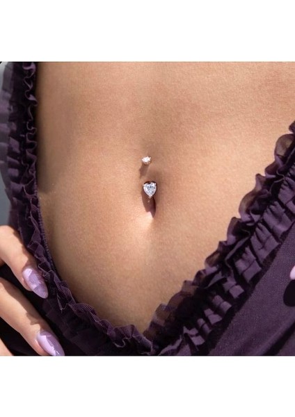 316 L Çelik Zirkon Taşlı Kalp Göbek Piercingi Taşlı Kalpli Göbek Piercingi Silver Renk