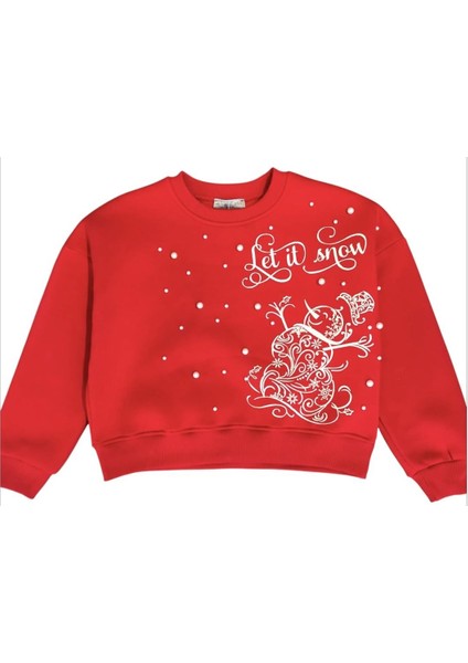 Kız Çocuk Şardonlu Kumaş Incili Kardan Adam Sweatshirt