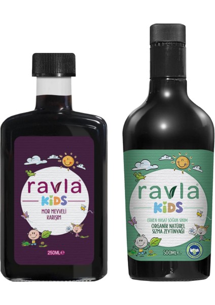 2'li Ürün - Kids Mor Meyveli Karışım 250ml / Kids Yüksek Polifenollü Organik Naturel Sızma Zeytinyağı 500ml