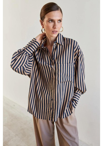 Kadın Camel Lacivert Tek Cepli Çizgili Oversize Gömlek