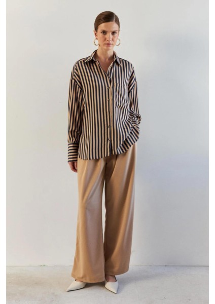 Kadın Camel Lacivert Tek Cepli Çizgili Oversize Gömlek