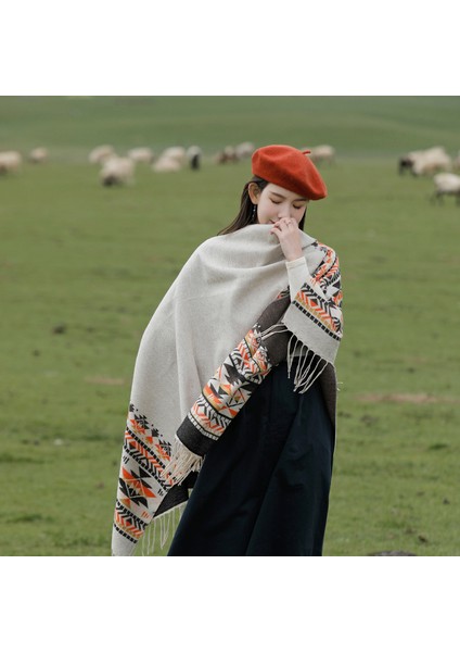 Retro Yarık Eşarp Büyük Şal Sonbahar ve Kış Yeni Çöl Pelerini Geometrik Püskül Pelerin Eşarp (Yurt Dışından)
