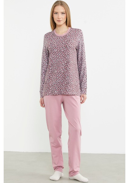 Rahat Kalıp Leopar Kombinli Pijama Takım - Pembe
