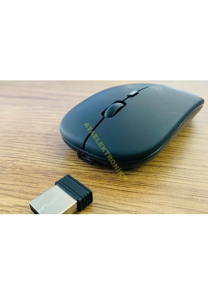 Mat SİYAH Slim Sessiz ŞARJ EDİLEBİLİR Pilli Bataryalı Laptop Uyumlu Kablosuz Wıreless Optik Fare Mouse 2.4GHZ SESSİZ TIKLAMA KENDİNDEN PİLLİ