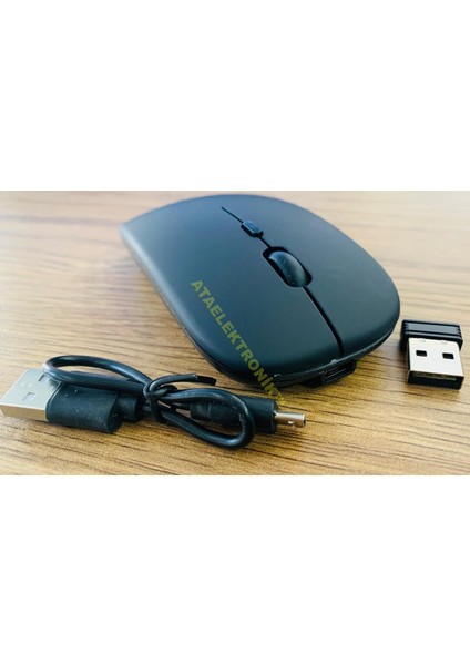 Mat SİYAH Slim Sessiz ŞARJ EDİLEBİLİR Pilli Bataryalı Laptop Uyumlu Kablosuz Wıreless Optik Fare Mouse 2.4GHZ SESSİZ TIKLAMA KENDİNDEN PİLLİ