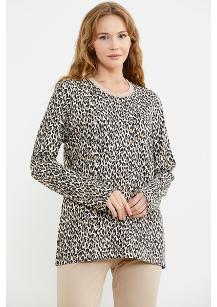 Rahat Kalıp Leopar Kombinli Pijama Takım - Bej fiyatları