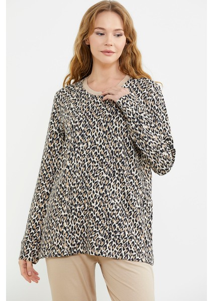 Rahat Kalıp Leopar Kombinli Pijama Takım - Bej modelleri