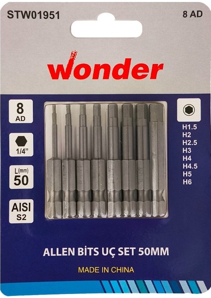 50 mm Hex Allen Bits Uç Seti 8 Parça