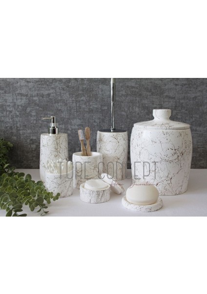 Altın renkli 7+ parça beton banyo seti, şık ve modern tasarım