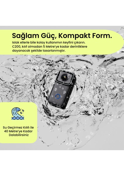 C200 4K UHD 2160P 1200mAh Geniş Batarya WiFi 16MP 154° Kompakt Tasarım 40 Metre Su Geçirmez Kılıflı Geniş Açılı Mini Aksiyon Kamerası Siyah indirimleri