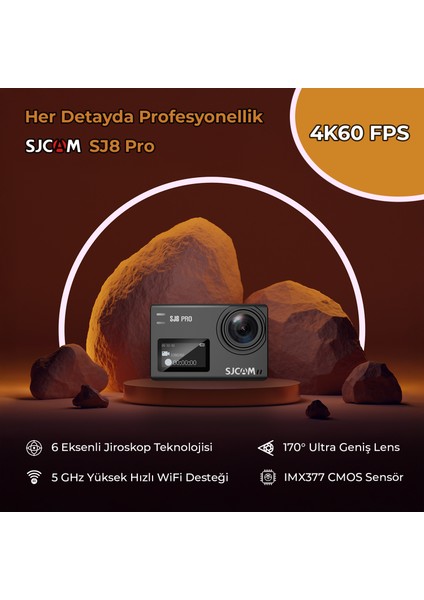 SJCAM SJ8 Pro 2.33” 5GHz WiFi 4K60 UHD 8X Dijital Zoom 170° Geniş Açı 240FPS Ağır Çekim 6-Eksenli Jiroskop Sabitleme H.265 1200mAh Ultra Geniş Batarya Çift Mikrofon Aksiyon Kamerası Siyah