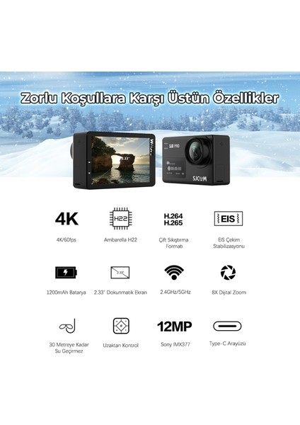 SJCAM SJ8 Pro 2.33” 5GHz WiFi 4K60 UHD 8X Dijital Zoom 170° Geniş Açı 240FPS Ağır Çekim 6-Eksenli Jiroskop Sabitleme H.265 1200mAh Ultra Geniş Batarya Çift Mikrofon Aksiyon Kamerası Siyah