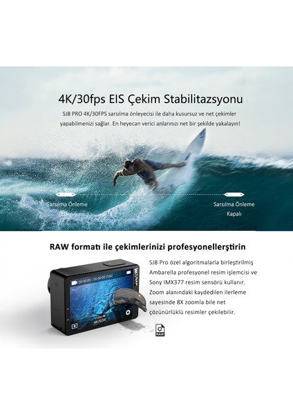 SJCAM SJ8 Pro 2.33” 5GHz WiFi 4K60 UHD 8X Dijital Zoom 170° Geniş Açı 240FPS Ağır Çekim 6-Eksenli Jiroskop Sabitleme H.265 1200mAh Ultra Geniş Batarya Çift Mikrofon Aksiyon Kamerası Siyah