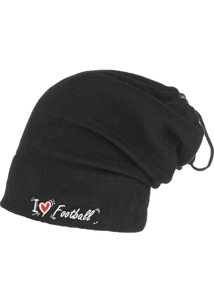 Nakışlı Siyah Polar Bere - I Love Football - Futbol Bere | Soğuk Havalara Özel Termal Koruma