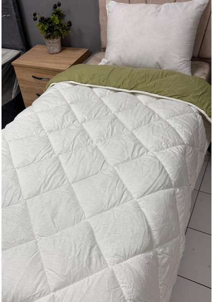 %100 Pamuk Ranforce Tek Kişilik Çift Taraflı Yorgan Beyaz-Fıstık Yeşili
