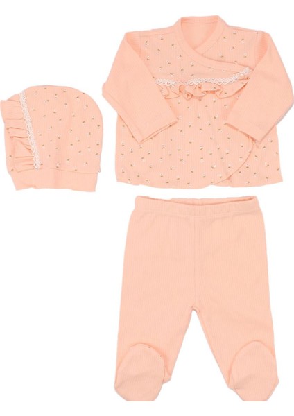 Kız Bebek Somon Çiçek Desenli Fisto Detaylı 3'lü Takım - 1014901
