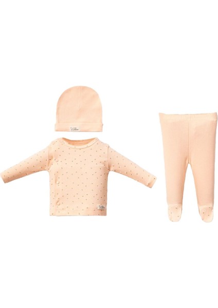 Kız Bebek Somon Çiçek Desenli Kendinden Eldivenli Bereli 3'lü Takım - 1014899