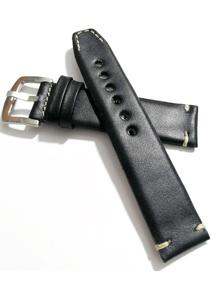 Her Saate Uygun El Yapımı 24 mm Hakiki Deri Kordon Siyah 24MM