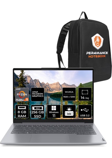 Thinkbook 14 G6 Abp Amd Ryzen 5 7530U 8gb 256GB SSD 14" Fhd+ W11P Taşınabilir Bilgisayar & Per4 Çanta 21KJ0015TRP401