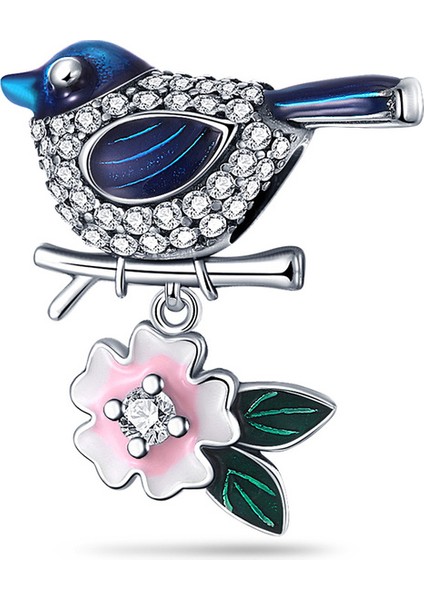 Mavi Bülbül Dalında Çiçek Sallantılı Charm