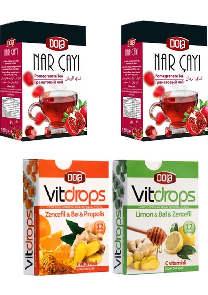 Vitdrops Boğaz Pastili & Nar Çay Paketi 4'lü Set