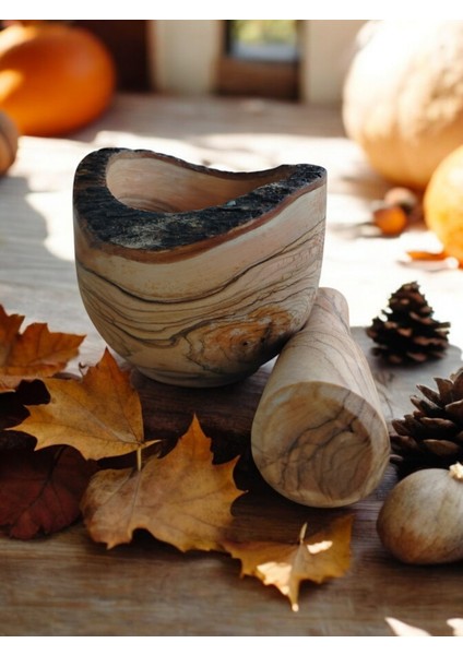 Hamdal Home Zeytin Ağacı El Yapımı Havan Kabuk Detaylı Kütüklü Doğal El Işçiliği Havan