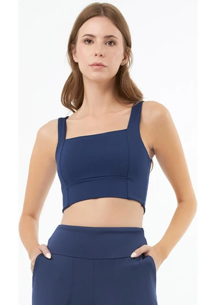 Lacivert Kare Yaka Crop Top Büstiyer