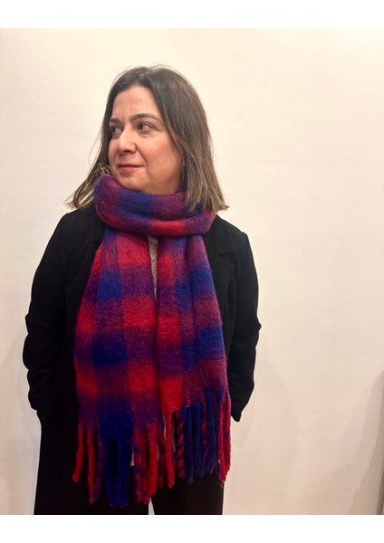 Kare Desenli Renkli Kırmızı-Lacivert Buklet Kalın Puf Şal, Atkı Uzunluk 205X Genişlik 40 Cm fiyatları