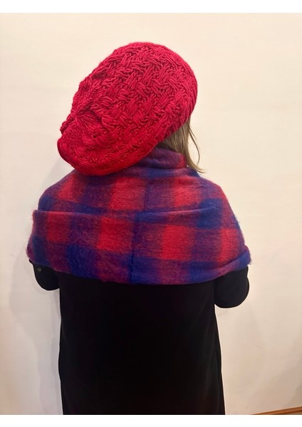 Kare Desenli Renkli Kırmızı-Lacivert Buklet Kalın Puf Şal, Atkı Uzunluk 205X Genişlik 40 Cm modelleri