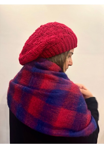 Kare Desenli Renkli Kırmızı-Lacivert Buklet Kalın Puf Şal, Atkı Uzunluk 205X Genişlik 40 Cm indirimleri