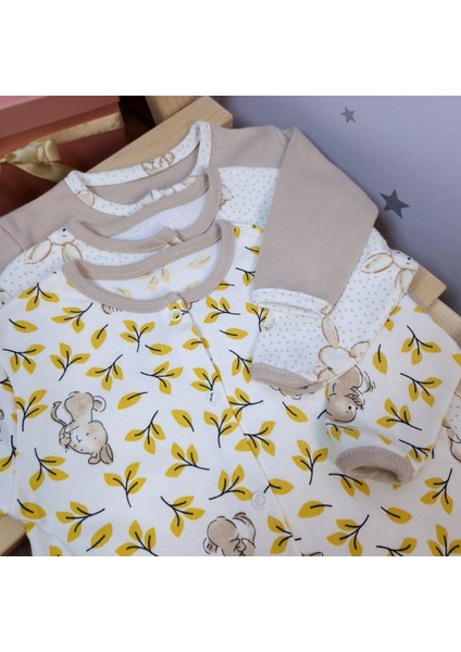 Kız Bebek %100 Pamuklu Çıtçıtlı Çoraplı Tavşan ve Yaprak Desenli 3'lü Tulum Seti