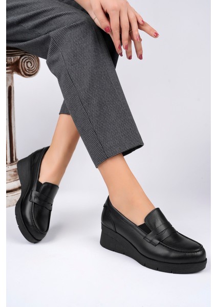 Kadın Hakiki Deri Siyah Loafer Dolgu Taban Ayakkabı modelleri