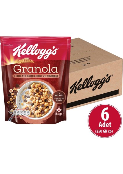 Çikolata Parçacıklı ve Fındıklı Granola 250 G x6 Adet, %44 Yulaf, Lif Kaynağı Kahvaltılık Gevrek