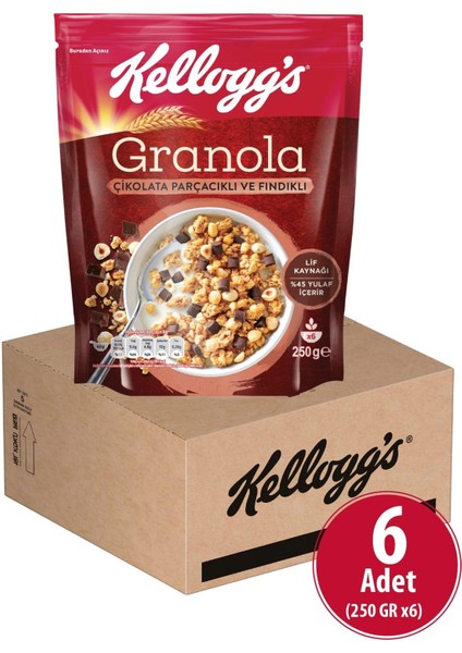 Çikolata Parçacıklı ve Fındıklı Granola 250 G x6 Adet, %44 Yulaf, Lif Kaynağı Kahvaltılık Gevrek