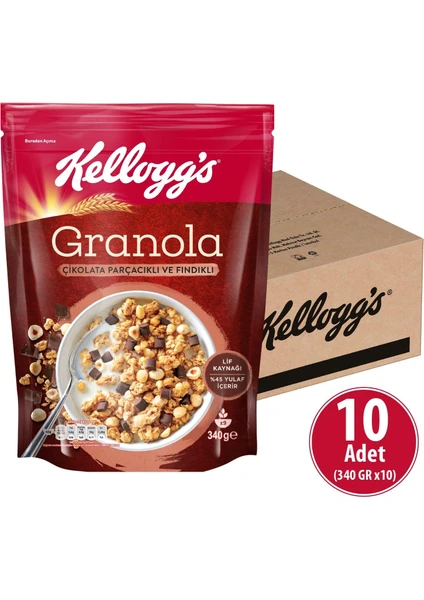 Çikolata Parçacıklı&fındıklı Granola 340 gr x 10 Adet,%44 Yulaf Içerir, Lif Kaynağı