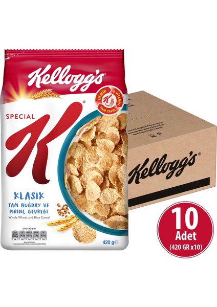 Special K Klasik Kahvaltılık Tam Buğday ve Pirinç Gevreği 420 gr x 10 Adet, Tam Tahıllı, Lif Kaynağı