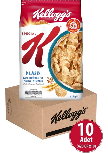 Special K Klasik Kahvaltılık Tam Buğday ve Pirinç Gevreği 420 gr x 10 Adet, Tam Tahıllı, Lif Kaynağı